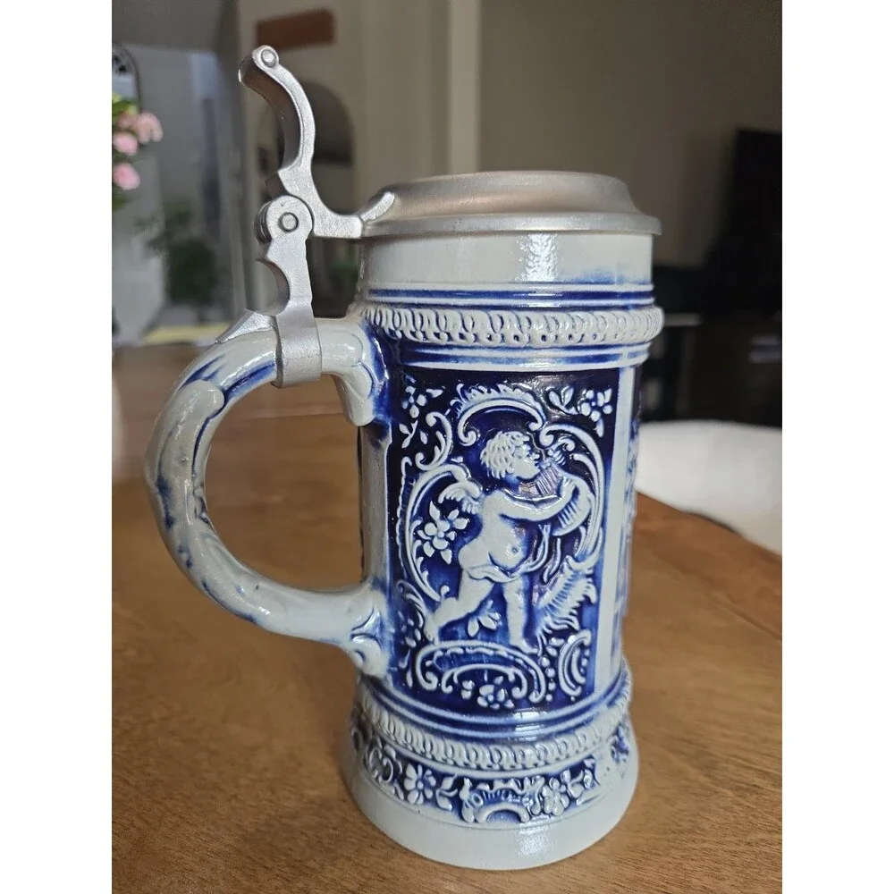 Old Gerz West German Beer Stein Cherub Stoneware Pewter Lid 8